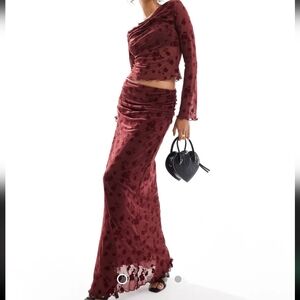 ASOS Burnout Burgundy Floral Skirt Set